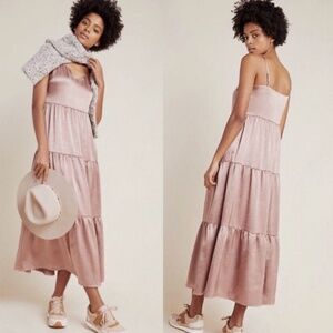 NWT Anthropologie Ro+De Eloise Tiered Satin Slip Dress Rose Gold